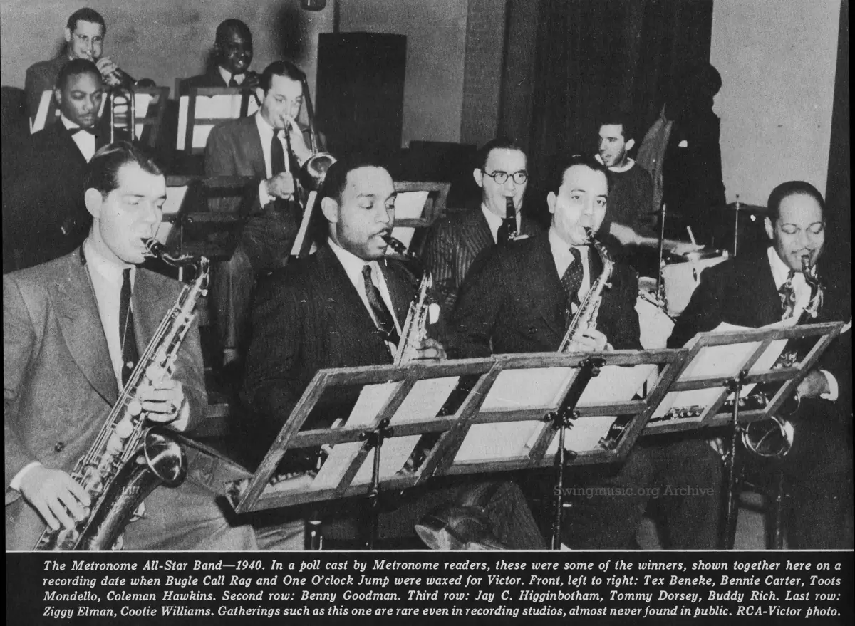 January 1941 Metronome Magazine scan: Group photo of the 1940 All-Star Poll winners at RCA Victor studios, featuring Benny Goodman, Coleman Hawkins, and Tommy Dorsey.