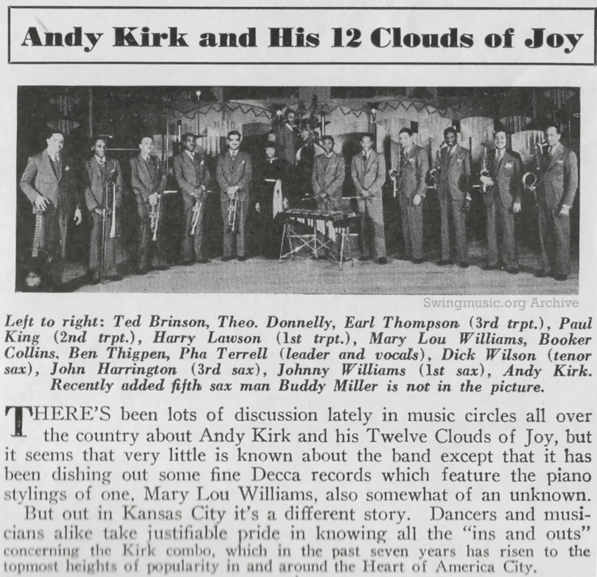 January 1937 Metronome Magazine scan: Andy Kirk & His 12 Clouds of Joy. A historic group photo featuring pianist and arranger Mary Lou Williams during their Kansas City peak.