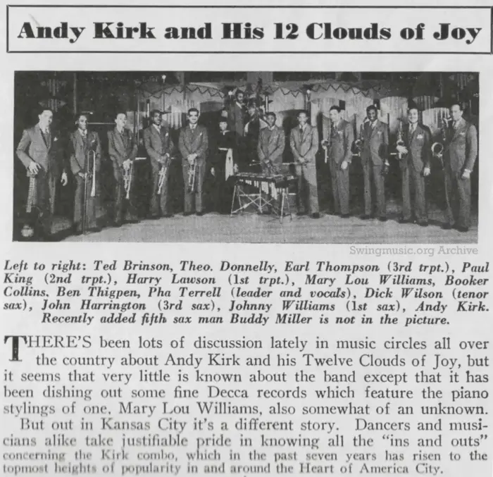January 1937 Metronome Magazine scan: Andy Kirk & His 12 Clouds of Joy. A historic group photo featuring pianist and arranger Mary Lou Williams during their Kansas City peak.