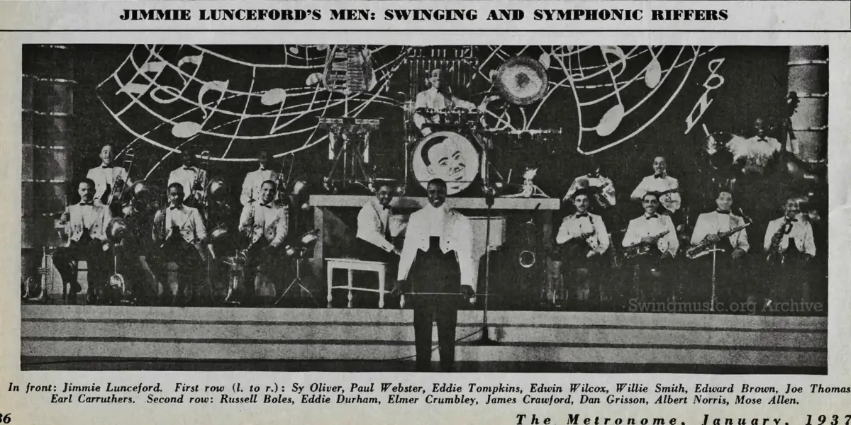 June 1937 Metronome Magazine scan: The Jimmie Lunceford Orchestra at their peak, titled 'Swinging and Symphonic Riffers' to highlight their disciplined ensemble style.