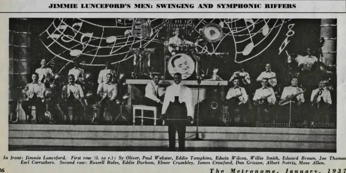June 1937 Metronome Magazine scan: The Jimmie Lunceford Orchestra at their peak, titled 'Swinging and Symphonic Riffers' to highlight their disciplined ensemble style.