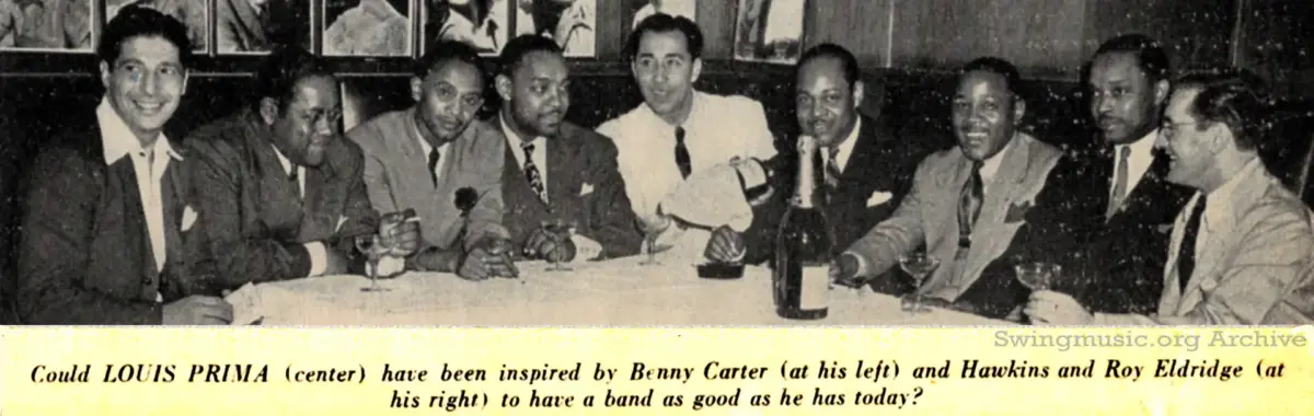 September 1, 1941 DownBeat Magazine scan: A historic jazz summit at Kelly’s Stable featuring Louis Prima, Coleman Hawkins, Roy Eldridge, Benny Carter, and Zutty Singleton.
