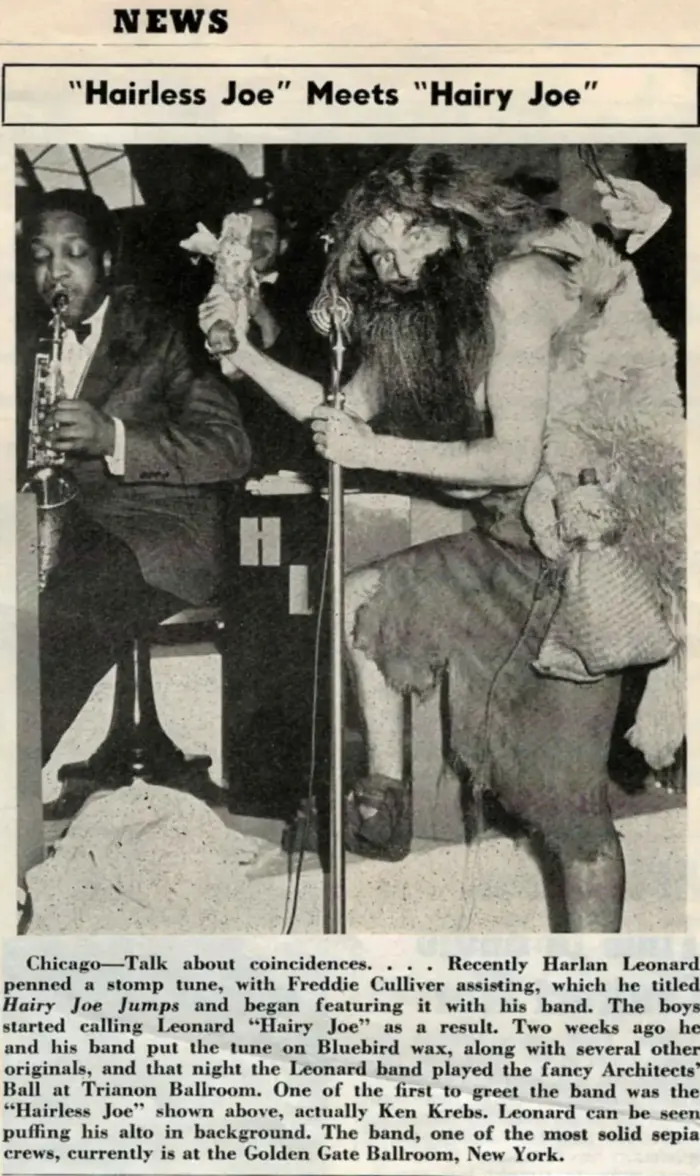 February 1, 1940 DownBeat Magazine scan: Harlan Leonard and His Rockets posing with a 'Hairy Joe' character in a staged promotional photo for 'Hairy Joe Jump'.
