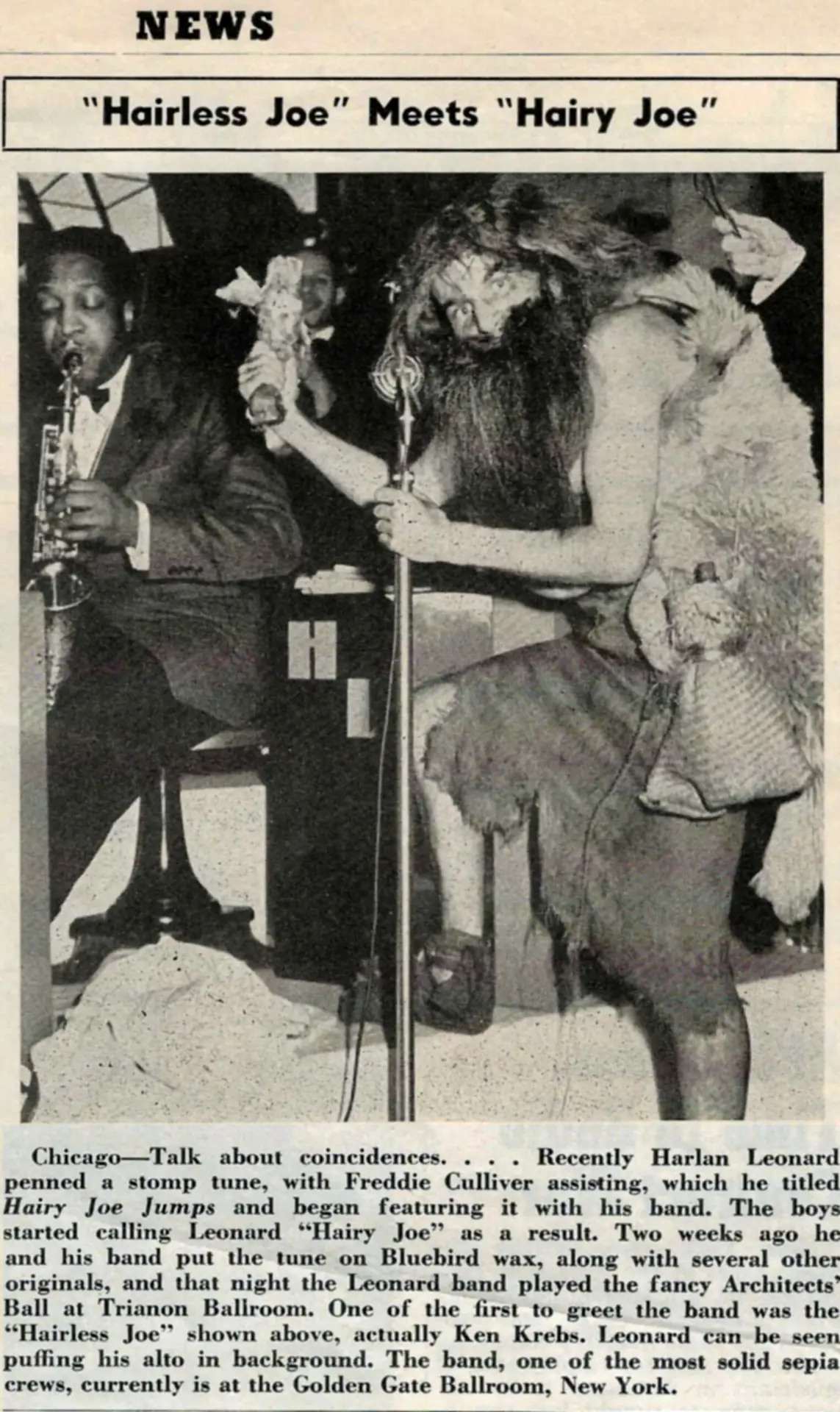 February 1, 1940 DownBeat Magazine scan: Harlan Leonard and His Rockets posing with a 'Hairy Joe' character in a staged promotional photo for 'Hairy Joe Jump'.