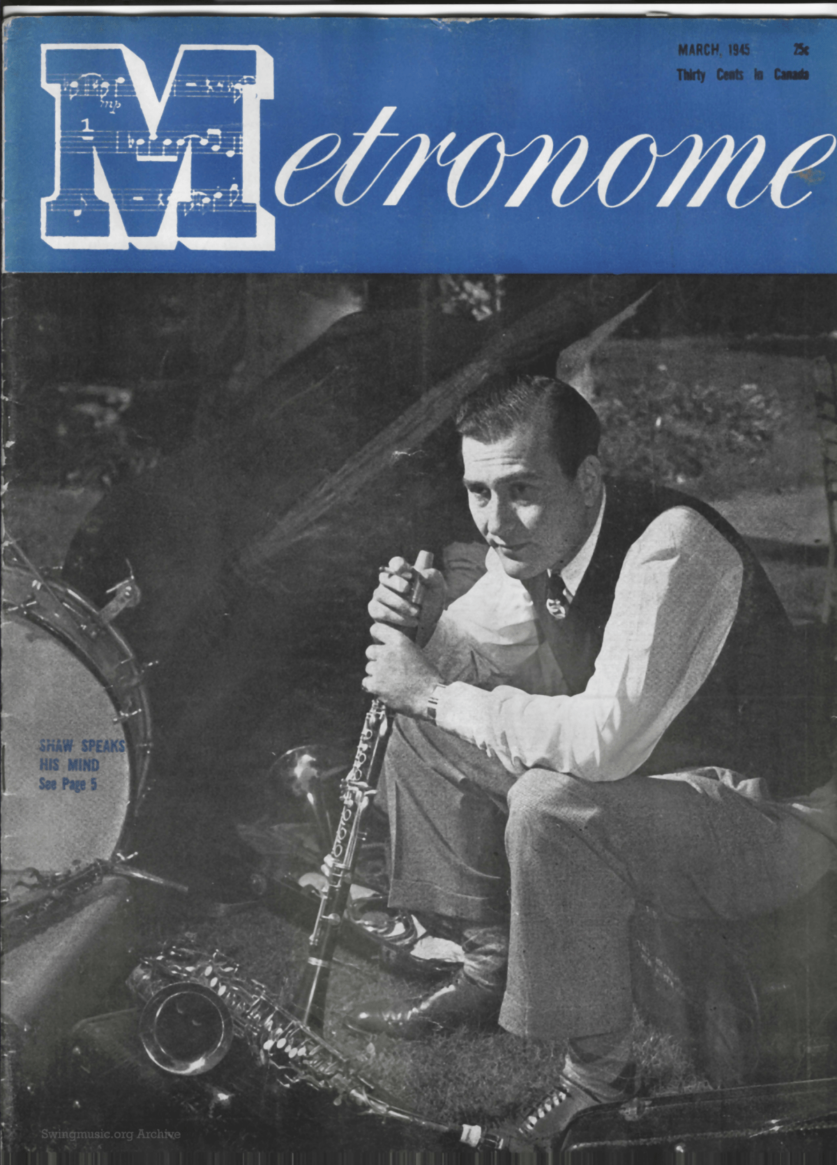 March 1945 Metronome Magazine cover scan: Portrait of Artie Shaw following his Navy discharge, marking the debut of his modern, brass-heavy 1945 orchestra.
