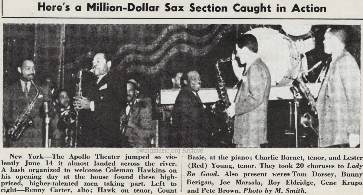 Apollo Jam Session: July 1, 1940 DownBeat Magazine scan: Famous jam session photo at the Apollo Theater featuring Coleman Hawkins, Lester Young, Count Basie, and Benny Carter.