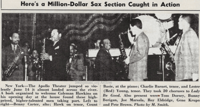 Apollo Jam Session: July 1, 1940 DownBeat Magazine scan: Famous jam session photo at the Apollo Theater featuring Coleman Hawkins, Lester Young, Count Basie, and Benny Carter.