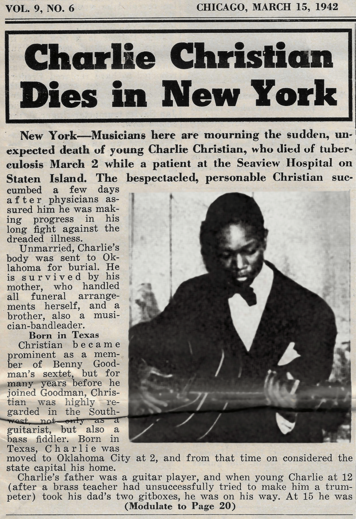March 15, 1942 Downbeat Magazine main page scan: Original obituary headline for jazz guitar pioneer Charlie Christian, reporting his passing at age 25.