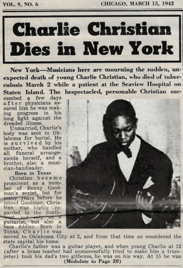 March 15, 1942 Downbeat Magazine main page scan: Original obituary headline for jazz guitar pioneer Charlie Christian, reporting his passing at age 25.