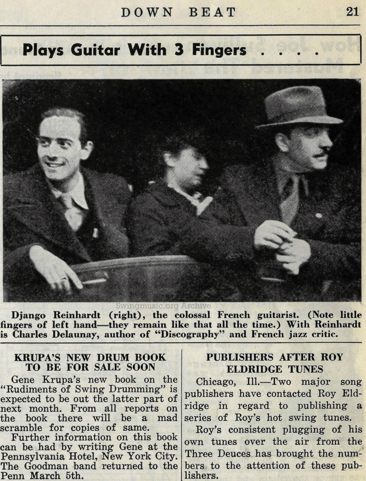 March 1938 Downbeat Magazine scan: Django Reinhardt and Charles Delaunay in Paris. A historic photo documenting the Quintette du Hot Club de France’s recognition in the American jazz press.