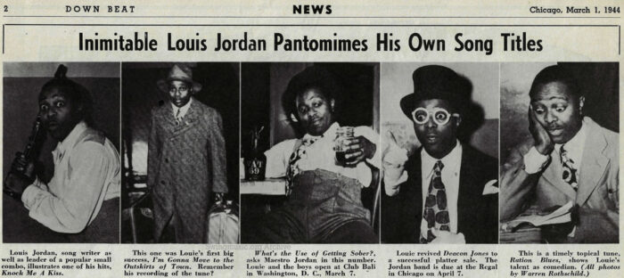 March 1, 1944 Downbeat Magazine scan: Five-photo spread by Warren Rothschild of Louis Jordan pantomiming 'Ration Blues,' 'Deacon Jones,' and other hits.