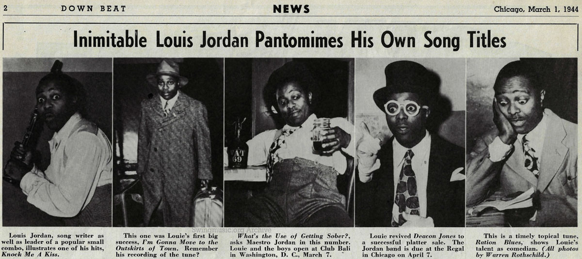 March 1, 1944 Downbeat Magazine scan: Five-photo spread by Warren Rothschild of Louis Jordan pantomiming 'Ration Blues,' 'Deacon Jones,' and other hits.
