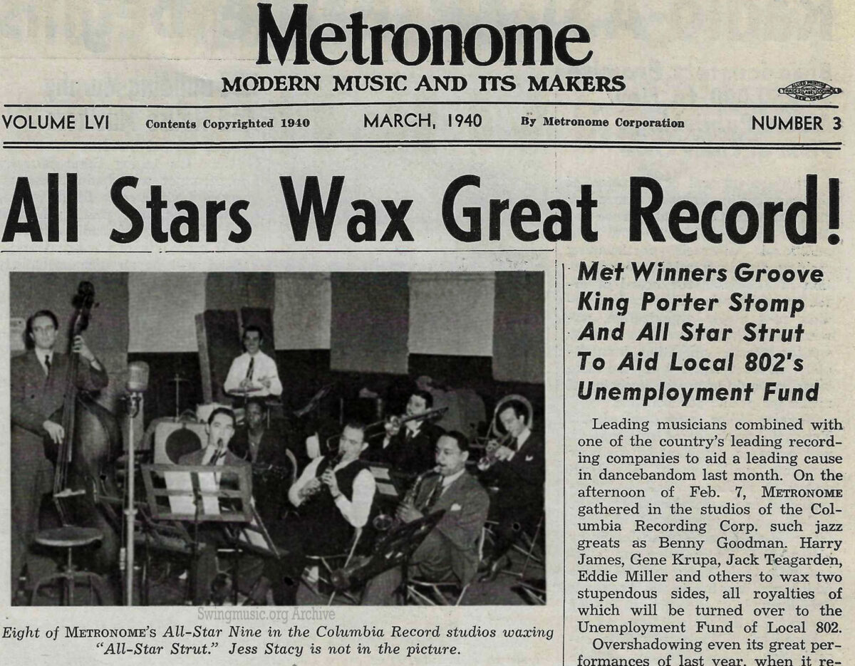 March 1940 Metronome Magazine scan: Group photo of 1939 All-Star Winners at Columbia Recording Studios, including Benny Goodman, Gene Krupa, and Charlie Christian.