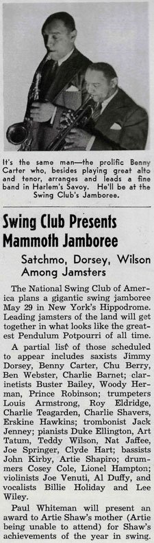 Down Beat magazine single column news text scan from May 1939 announcing the National Swing Club Jamboree