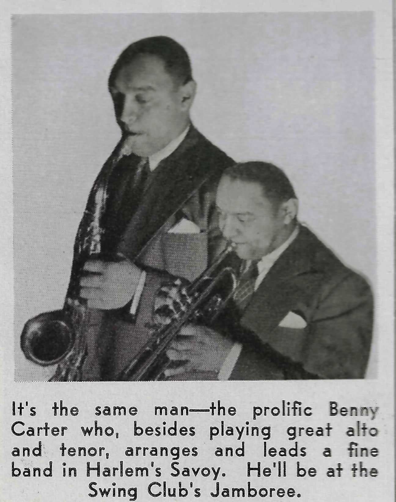 Benny Carter double exposure trick photograph playing sax and trumpet from Down Beat 1939